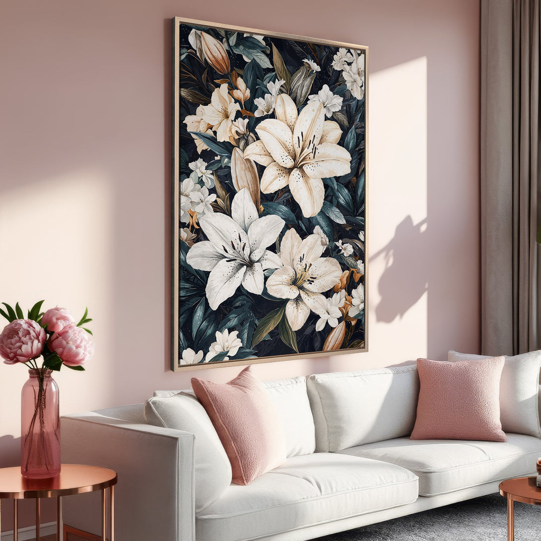 Framed Wall Art featuring elegant white lily floral design, dark teal and cream color palette. Perfect for adding a touch of nature to your home decor.