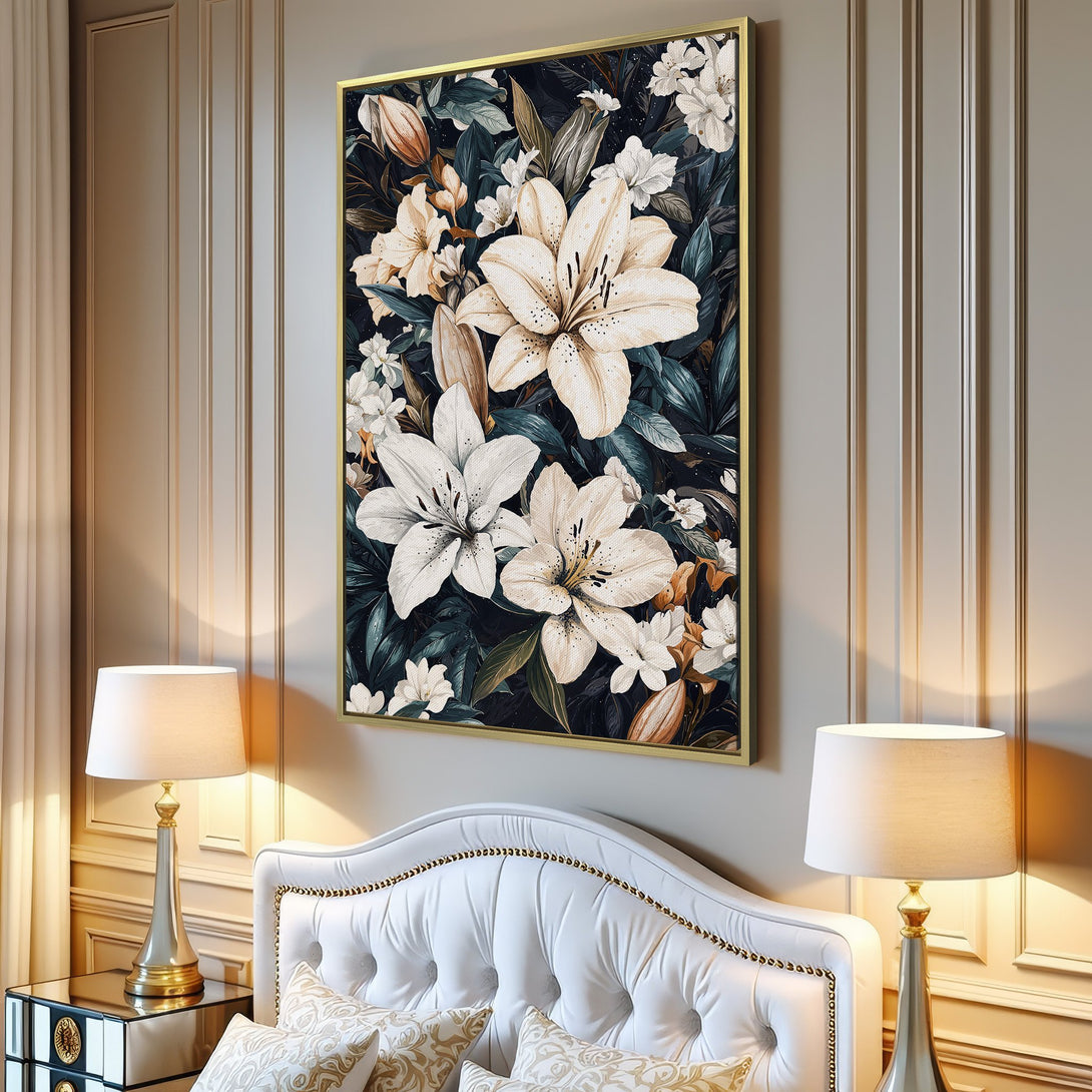 Canvas Print featuring elegant white lily floral art. Dark, moody color palette. Perfect wall decor for a modern living room.