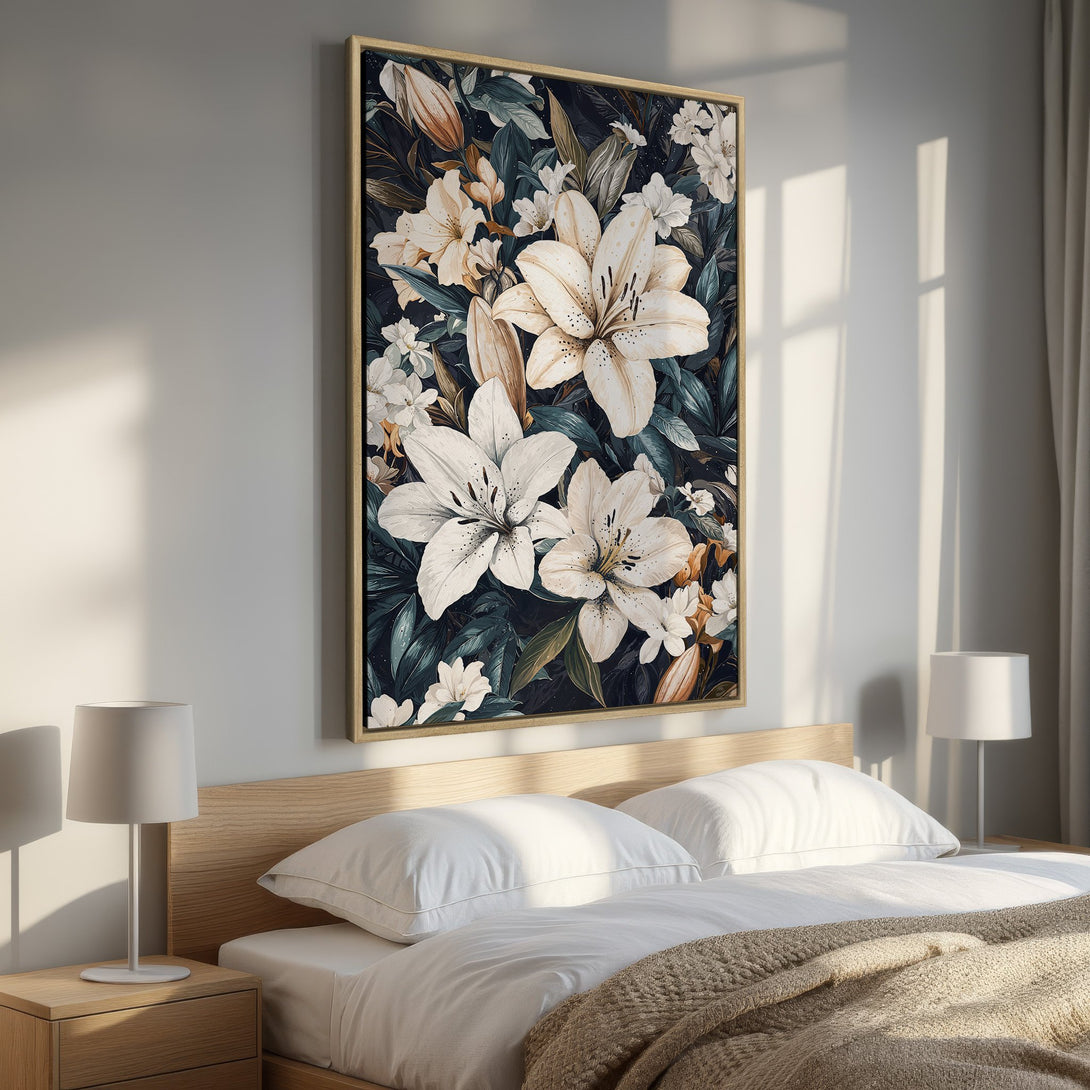 Framed Wall Art featuring elegant white lilies on a dark teal background. Botanical art in a bedroom setting, creating a calming and stylish ambiance.