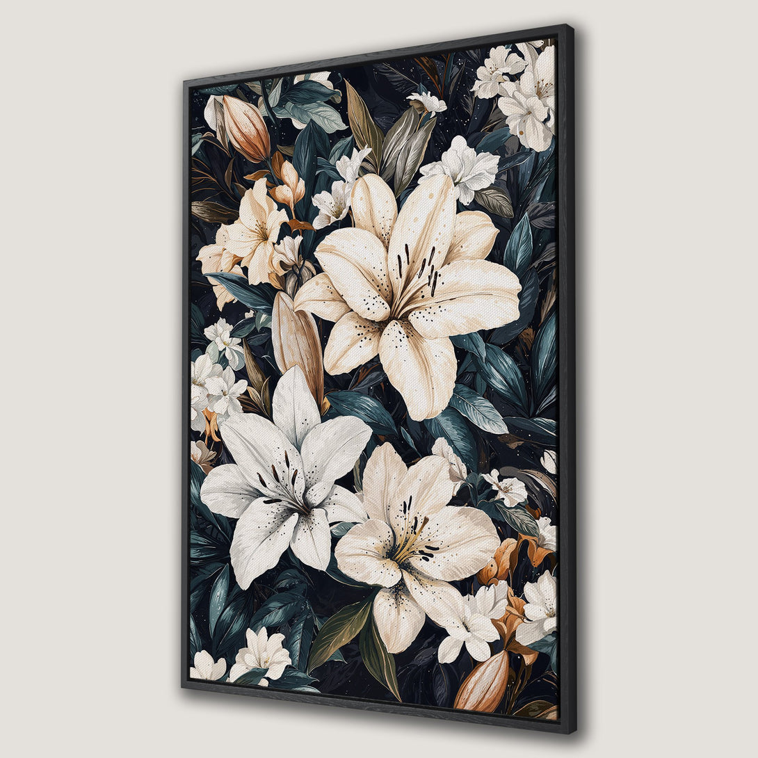 Framed Wall Art featuring a floral design with white lilies and lush green foliage. Dark, moody color palette. Perfect for modern home decor.