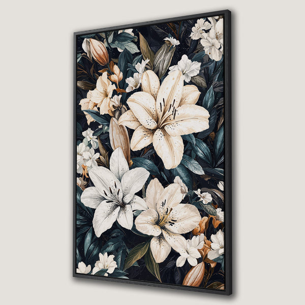 Framed Wall Art featuring a floral design with white lilies and lush green foliage. Dark, moody color palette. Perfect for modern home decor.