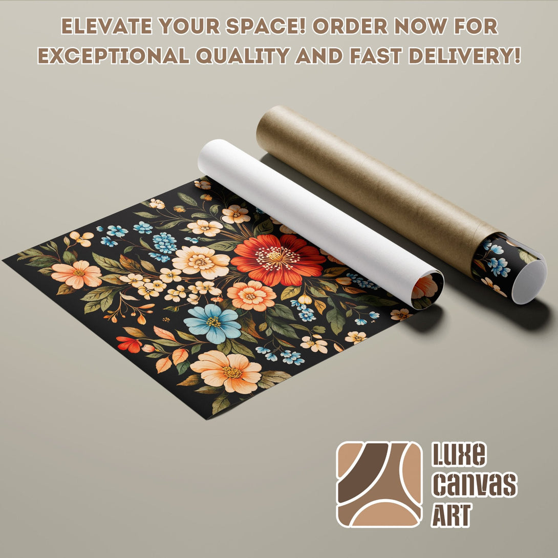 Floral Poster Roll with vibrant colors and a dark background. Perfect wall art!