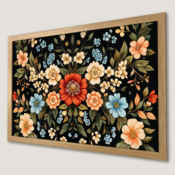 Framed Poster featuring a vibrant floral design in watercolor style with a black background and warm color palette.
