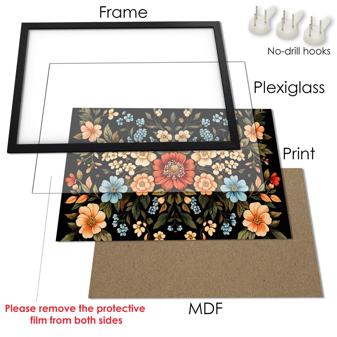 Framed Poster featuring floral art in a vintage style with a black, orange, and blue color palette. Perfect wall decor!