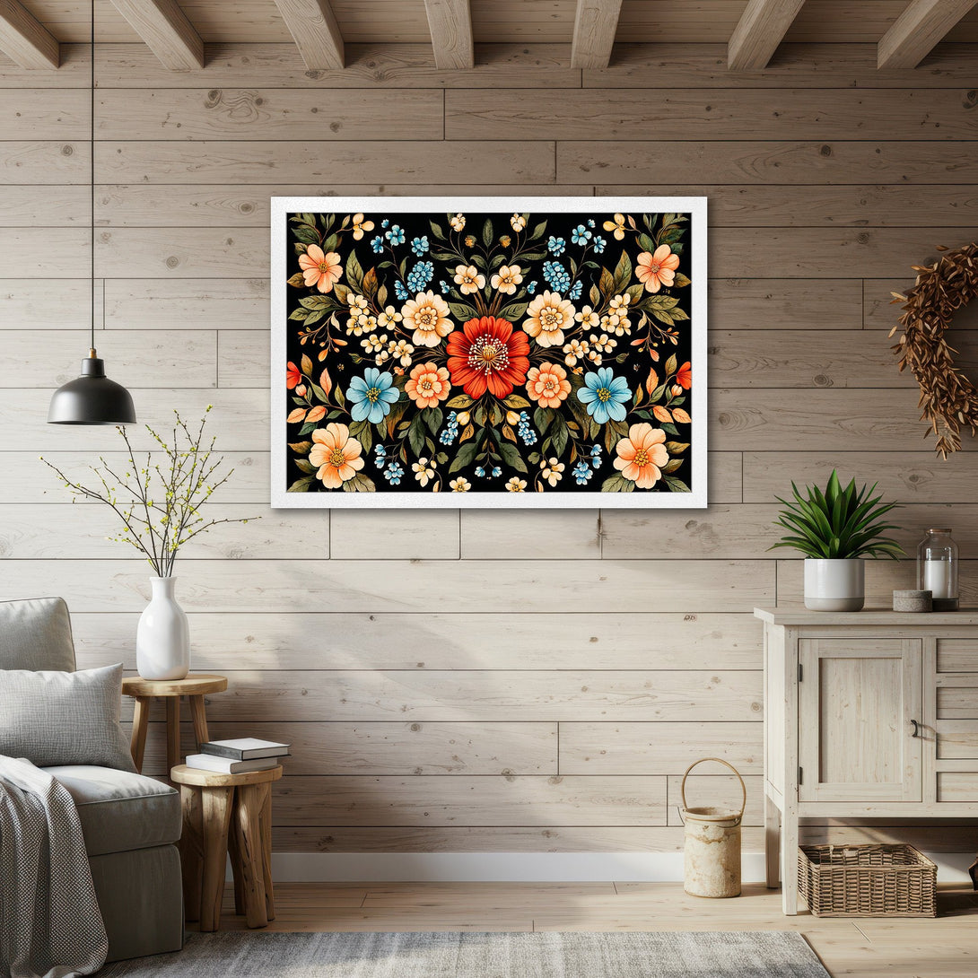 Framed Poster featuring a vibrant floral design in warm orange, blue, and green hues. Perfect art for home decor.