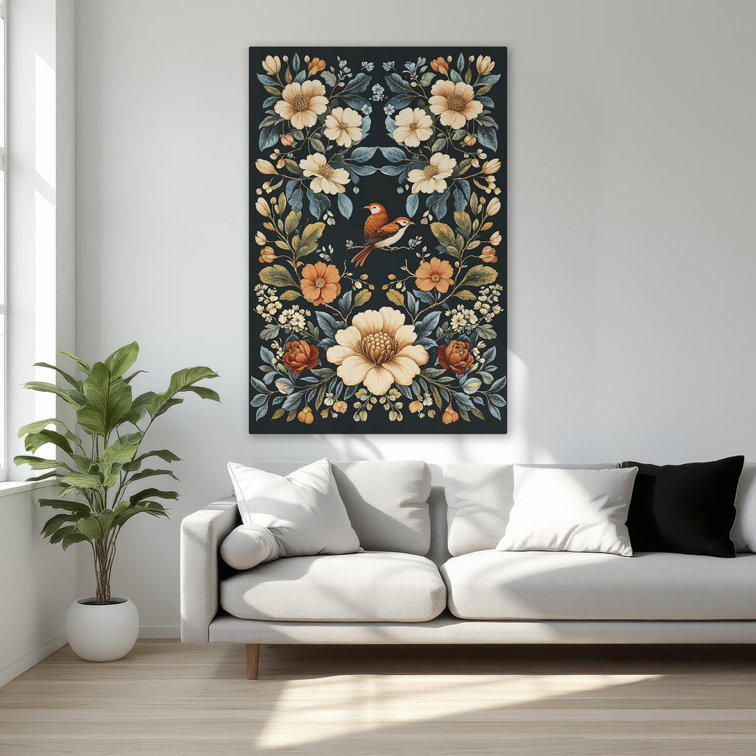 Framed Wall Art: Floral print with birds, featuring a black background, warm orange and cream flowers, and a gold frame. Perfect for elegant home decor.
