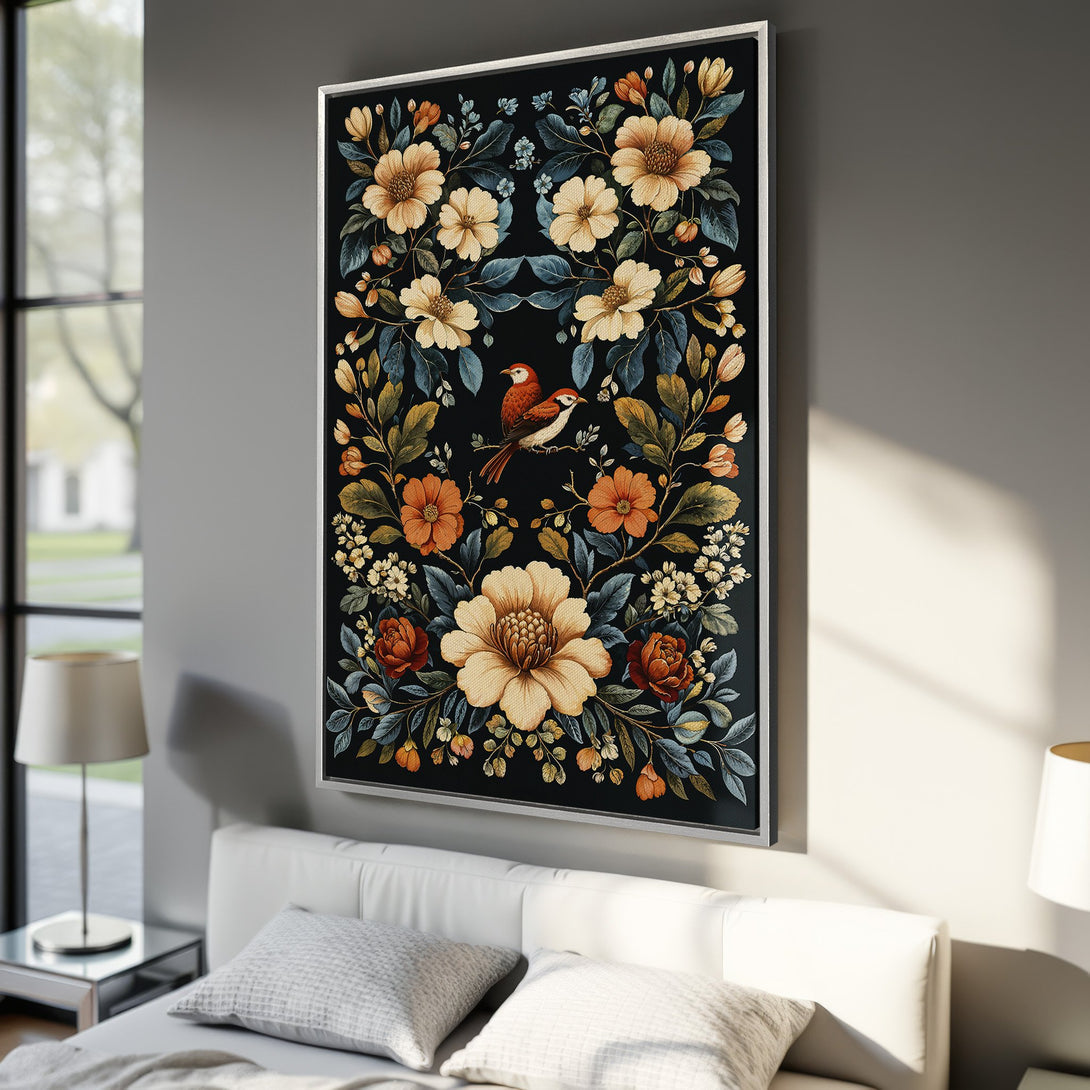 Framed Wall Art featuring a floral watercolor design with birds. Warm, inviting color palette with orange, yellow, and blue hues. Perfect for adding elegance to any space.