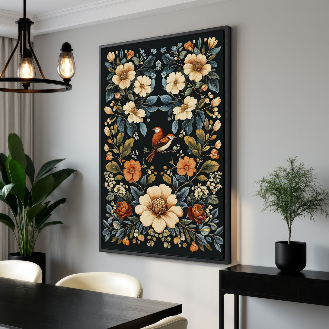 Framed Wall Art: Floral Canvas Print with birds. Watercolor style, featuring a dark background with cream, orange, and blue accents. Perfect for home decor.