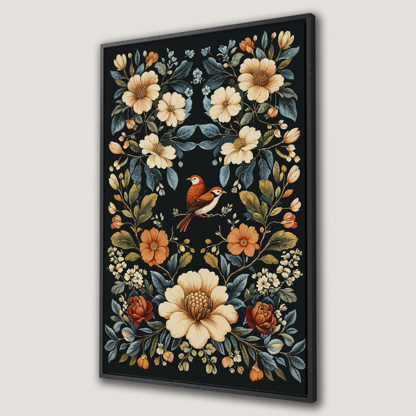 Framed Wall Art featuring a watercolor floral design with birds, warm tones on a dark background. Perfect for adding a touch of nature and elegance to your home.