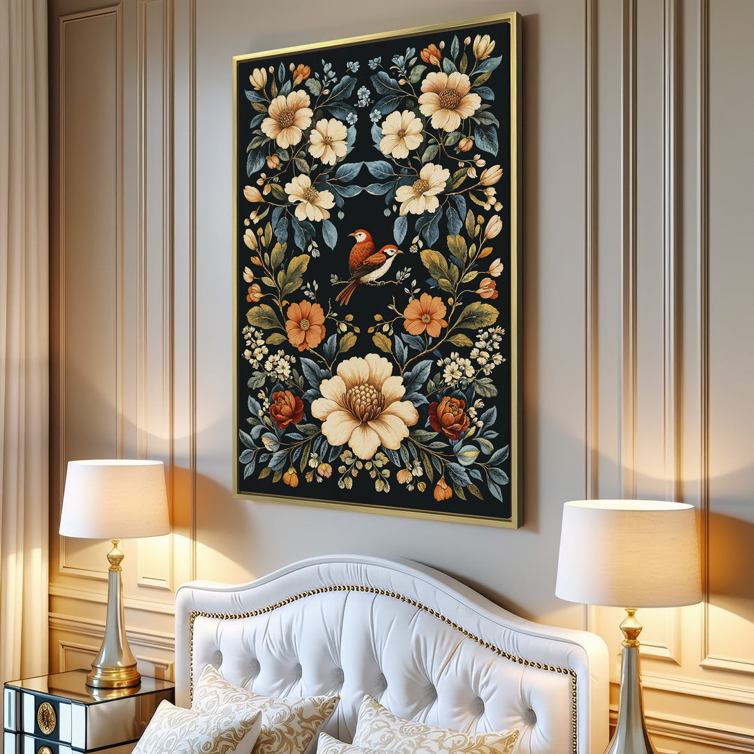 Canvas Print featuring a floral and bird design in a vintage style with a warm, earthy color palette. Perfect wall art for your home!