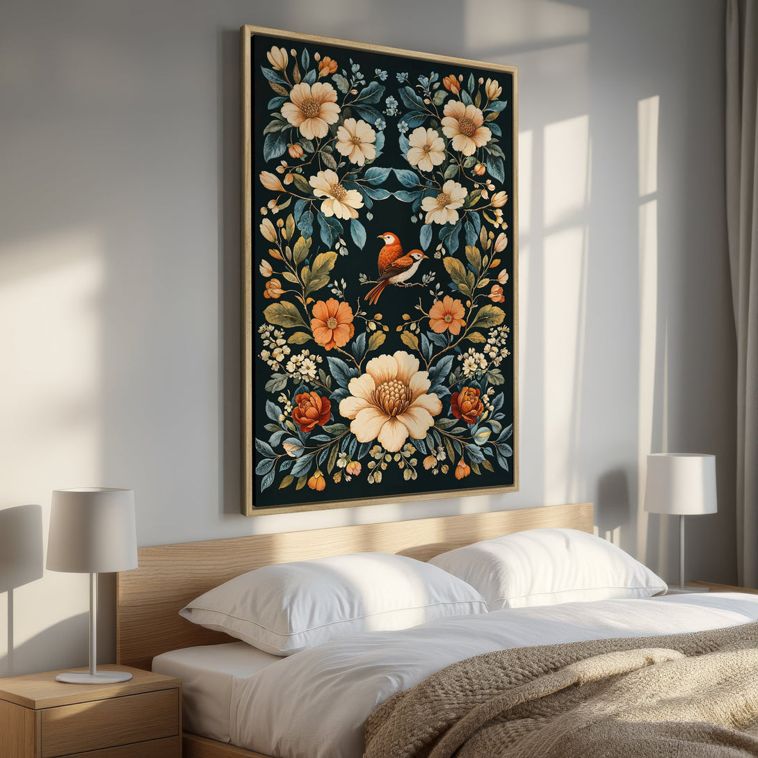 Framed Wall Art featuring a floral and bird design in warm tones. Perfect for adding a touch of nature and elegance to your bedroom decor. Shop now!