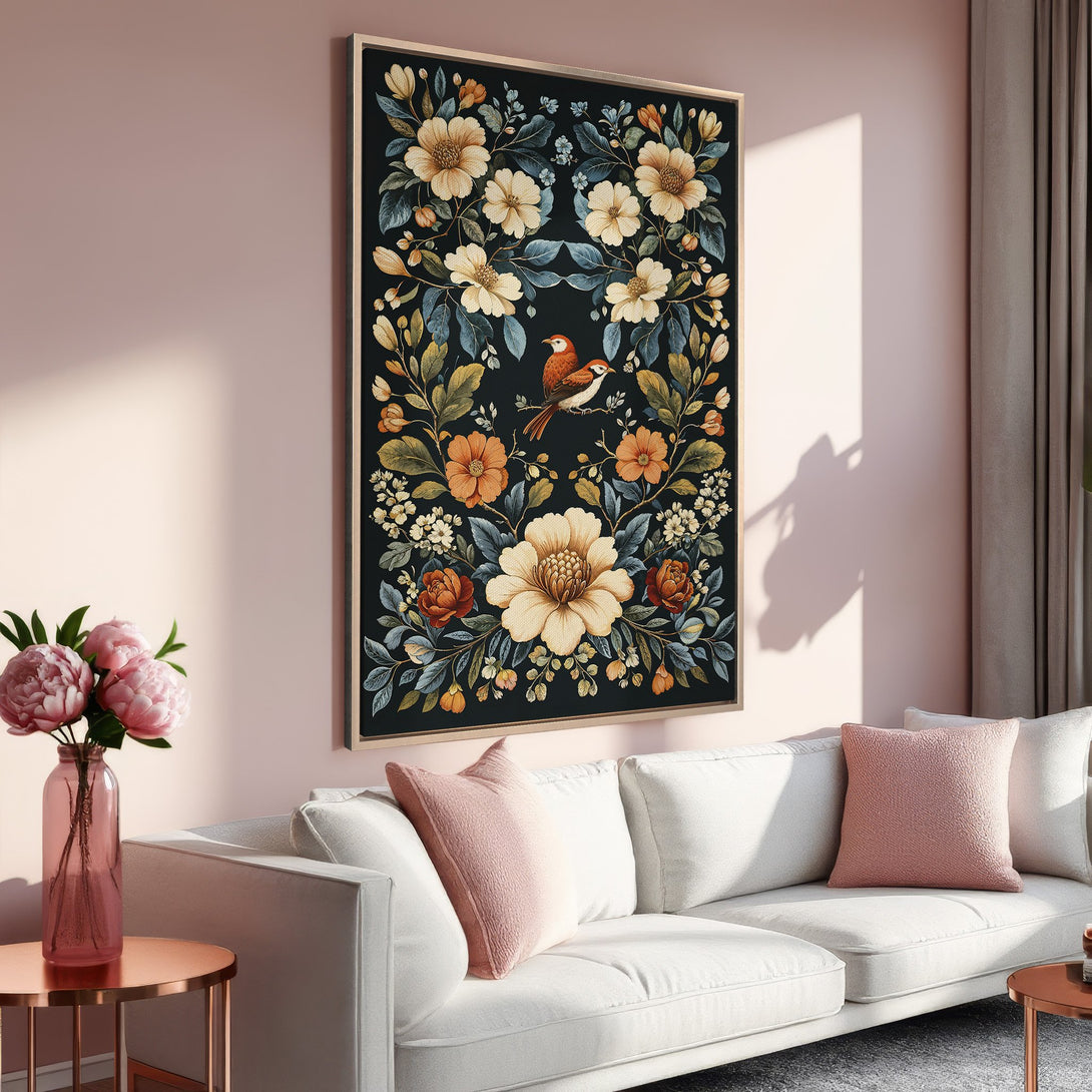 Framed Wall Art featuring a floral and bird design in a vintage style. Warm color palette with pops of orange and cream. Perfect for home decor.