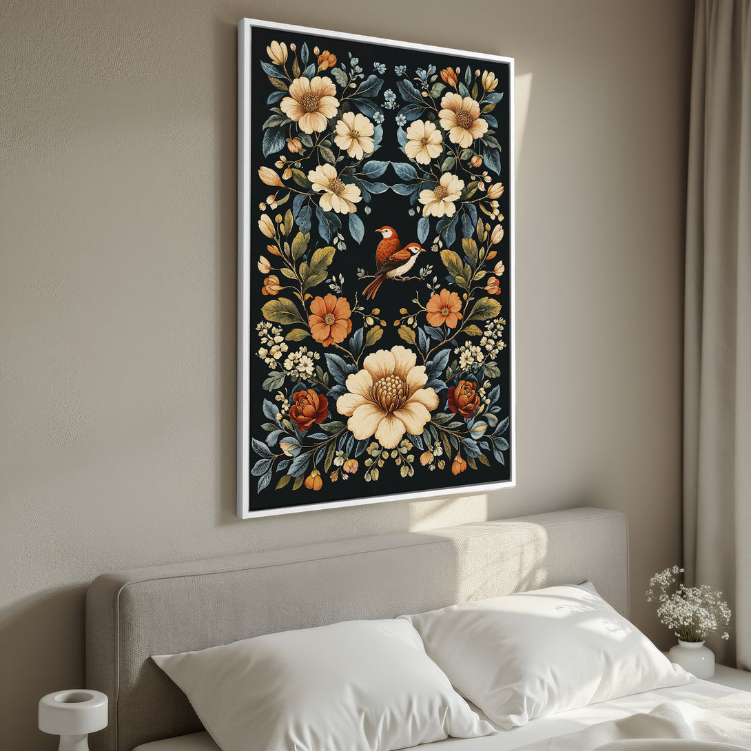 Framed Wall Art: Floral print with birds, featuring a vintage botanical style and warm orange, teal, and cream color palette. Perfect bedroom decor!