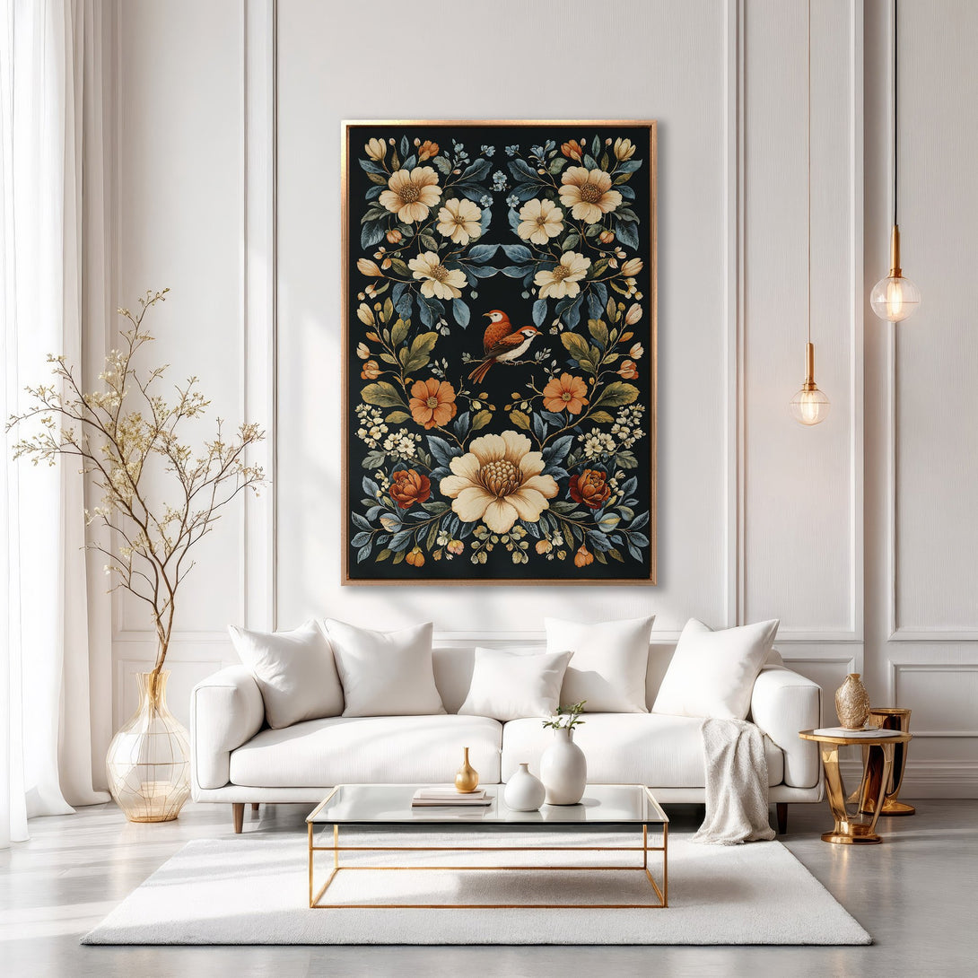 Framed Wall Art: Floral Canvas Print with birds, featuring a black background, warm orange and cream tones, perfect for elegant home decor.
