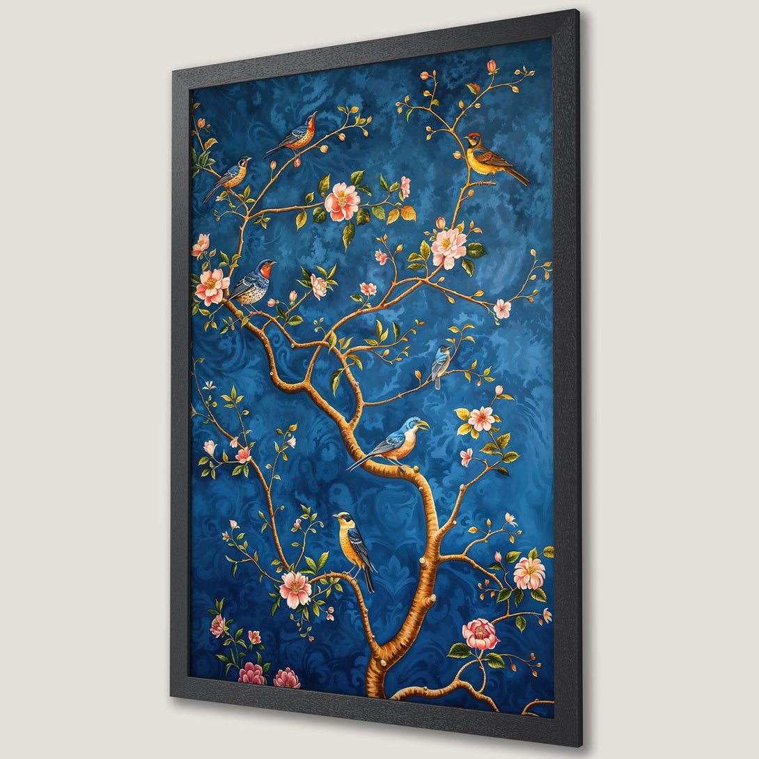 Framed Poster featuring birds on a flowering tree, vibrant blue and gold color palette, perfect wall art for your home.