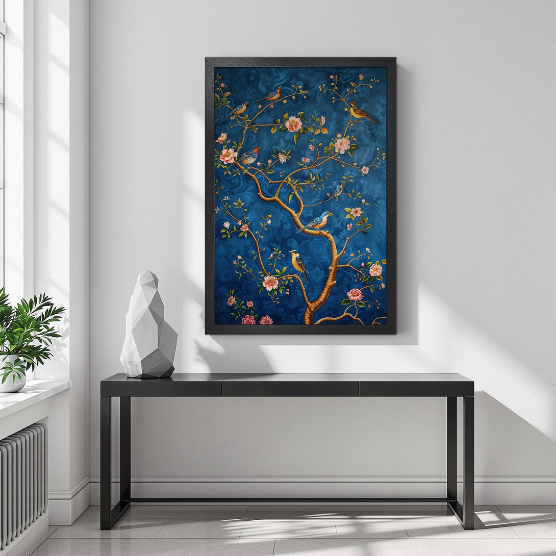 Framed Poster featuring birds & floral design on a blue background. A beautiful art print with a stunning color palette to elevate your home decor.