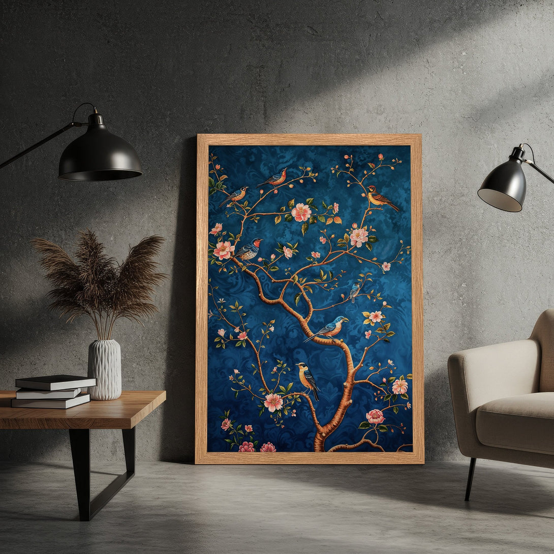 Framed Poster featuring birds on a flowering tree, in a classic style with a blue and pink color palette. Add art to your home!