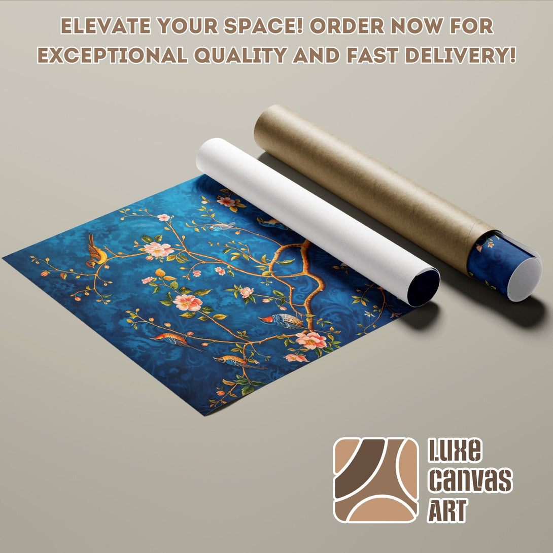 Poster Roll featuring a floral and bird design in a blue, peach, and gold palette.