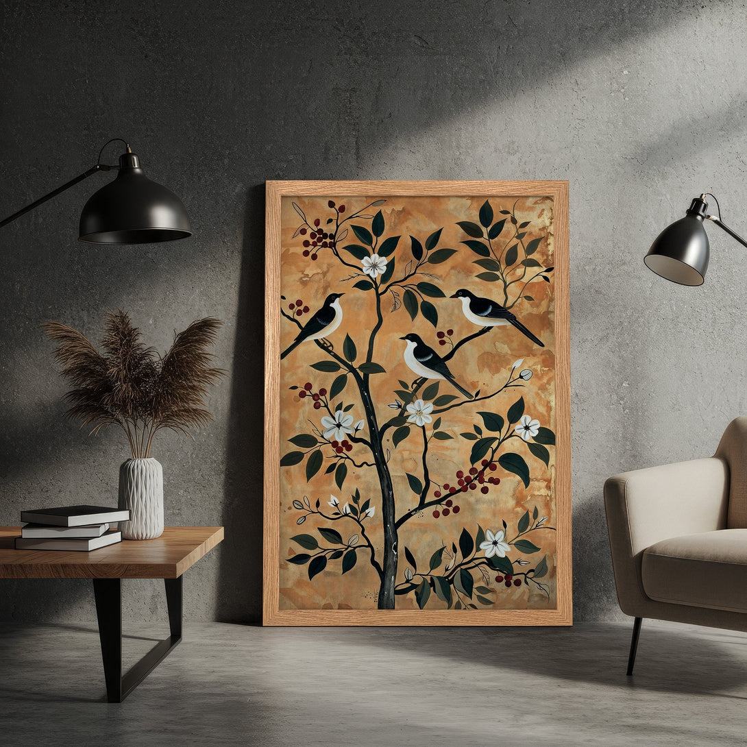 Framed Poster featuring a tree with birds, in a vintage style, with a warm, earthy color palette. Perfect wall art!