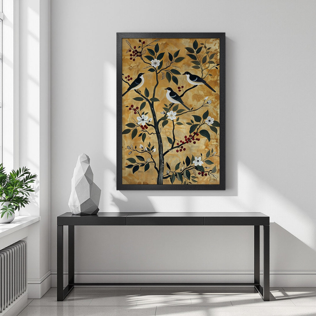 Framed Poster featuring birds on a tree branch. Vintage style with gold, black, and white color palette. Perfect wall art for your home!