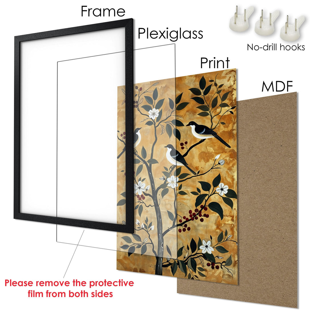 Framed Poster featuring a bird and floral design. Warm gold and black color palette. Ready to hang art for your home!