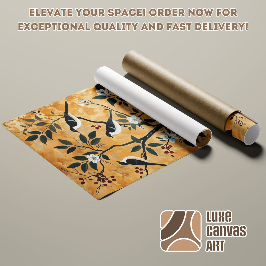 Poster Roll featuring birds on a branch, warm color palette, perfect for home decor. Order yours today!