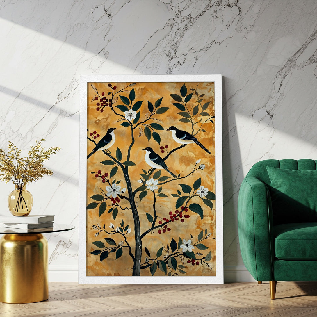 Framed Poster featuring birds on a tree branch, art print in a warm color palette. Perfect wall decor for any room.