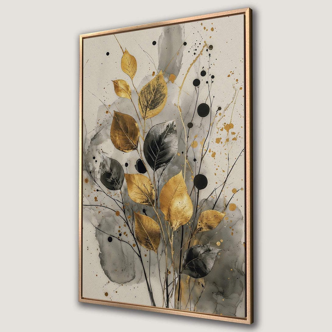 Framed Wall Art featuring abstract gold and black leaves against a neutral background. Modern botanical art print with a sophisticated, elegant color palette.