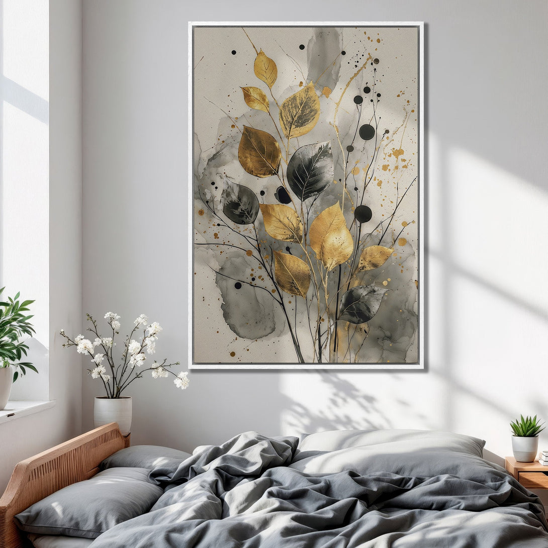 Framed Wall Art: Abstract botanical print in gold, gray, and black. Modern art for bedroom decor. Enhance your space with this elegant canvas print.