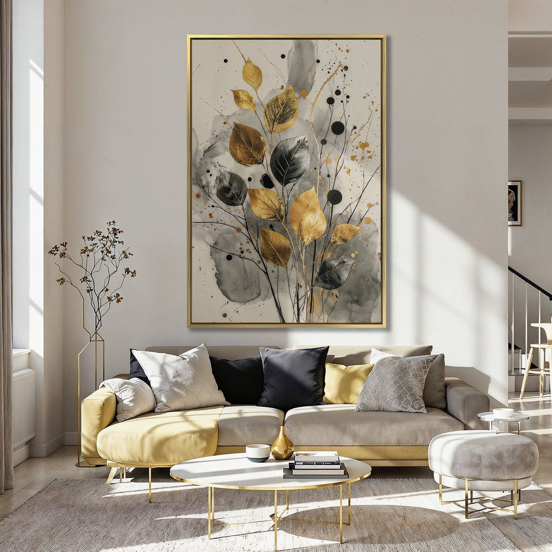 Canvas Print of abstract gold and black leaves, displayed in a kitchen with a pink wall. Modern botanical art in neutral tones.