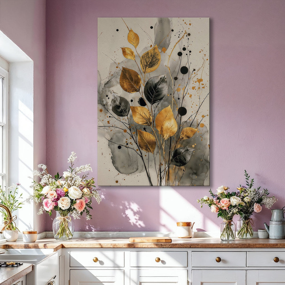 Framed Wall Art featuring abstract gold and gray leaves. Modern art canvas print adds elegance to any interior. Neutral color palette for sophisticated decor.