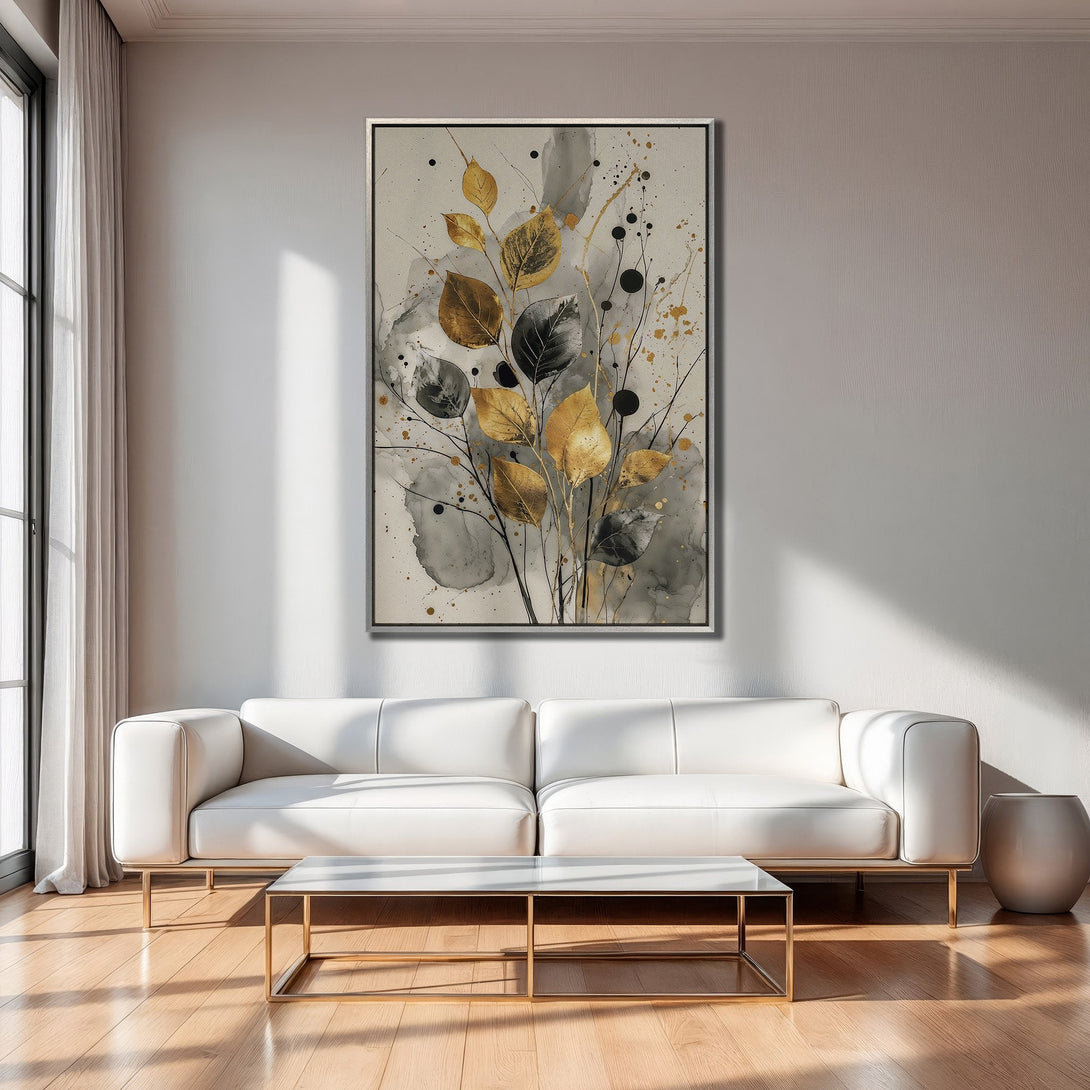 Framed Wall Art: Abstract gold and black leaf design on a neutral background. Modern canvas art in a stylish interior, perfect for home decor.