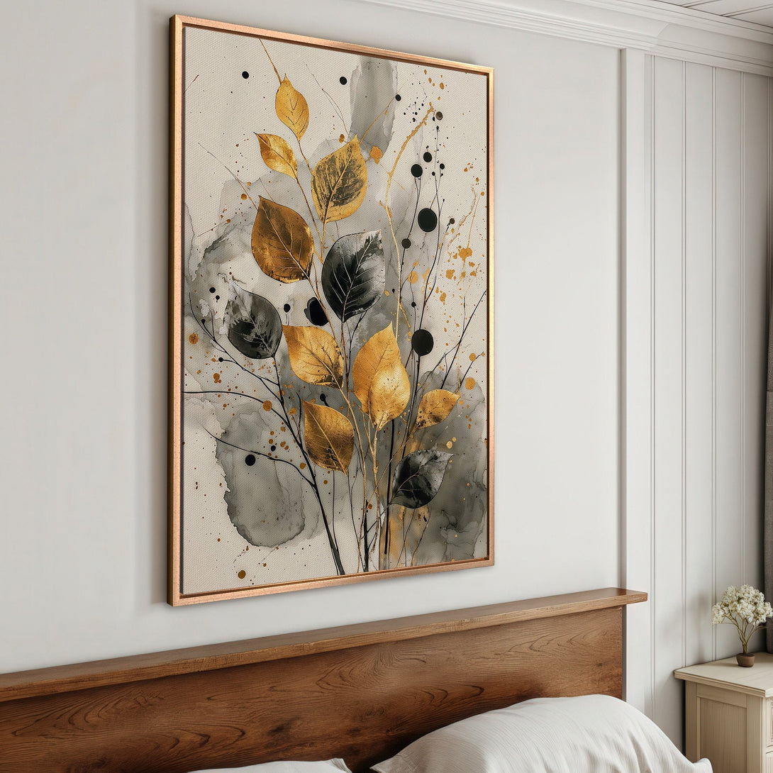 Framed Wall Art: Abstract gold and gray leaf design canvas print. Modern art for bedroom decor. Neutral color palette.