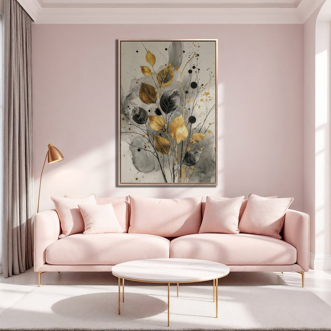 Framed Wall Art featuring abstract gold and black leaves. Modern art in a blush and neutral color palette. Perfect for living room decor.