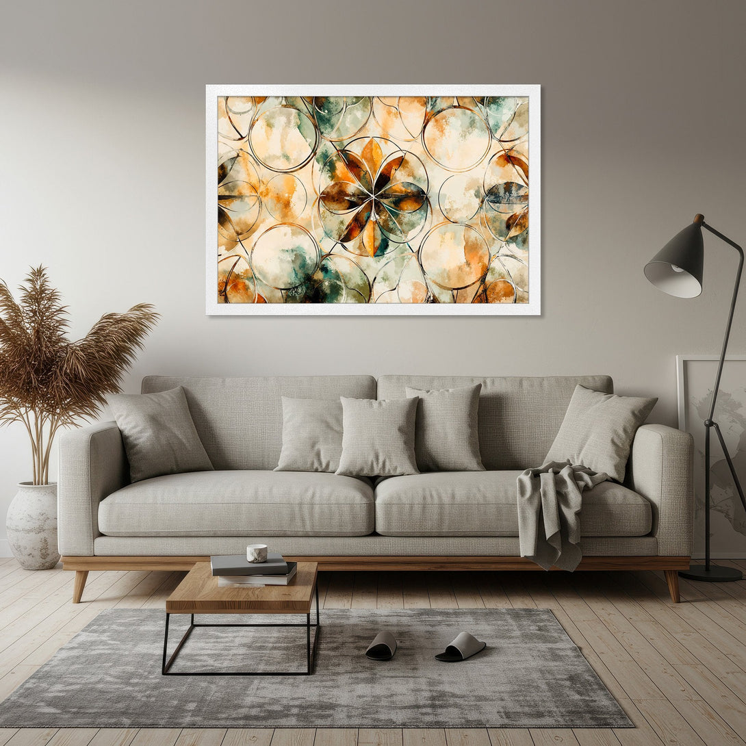 Framed Poster featuring abstract floral art in warm orange, green, and beige tones. Modern wall art for living room decor.