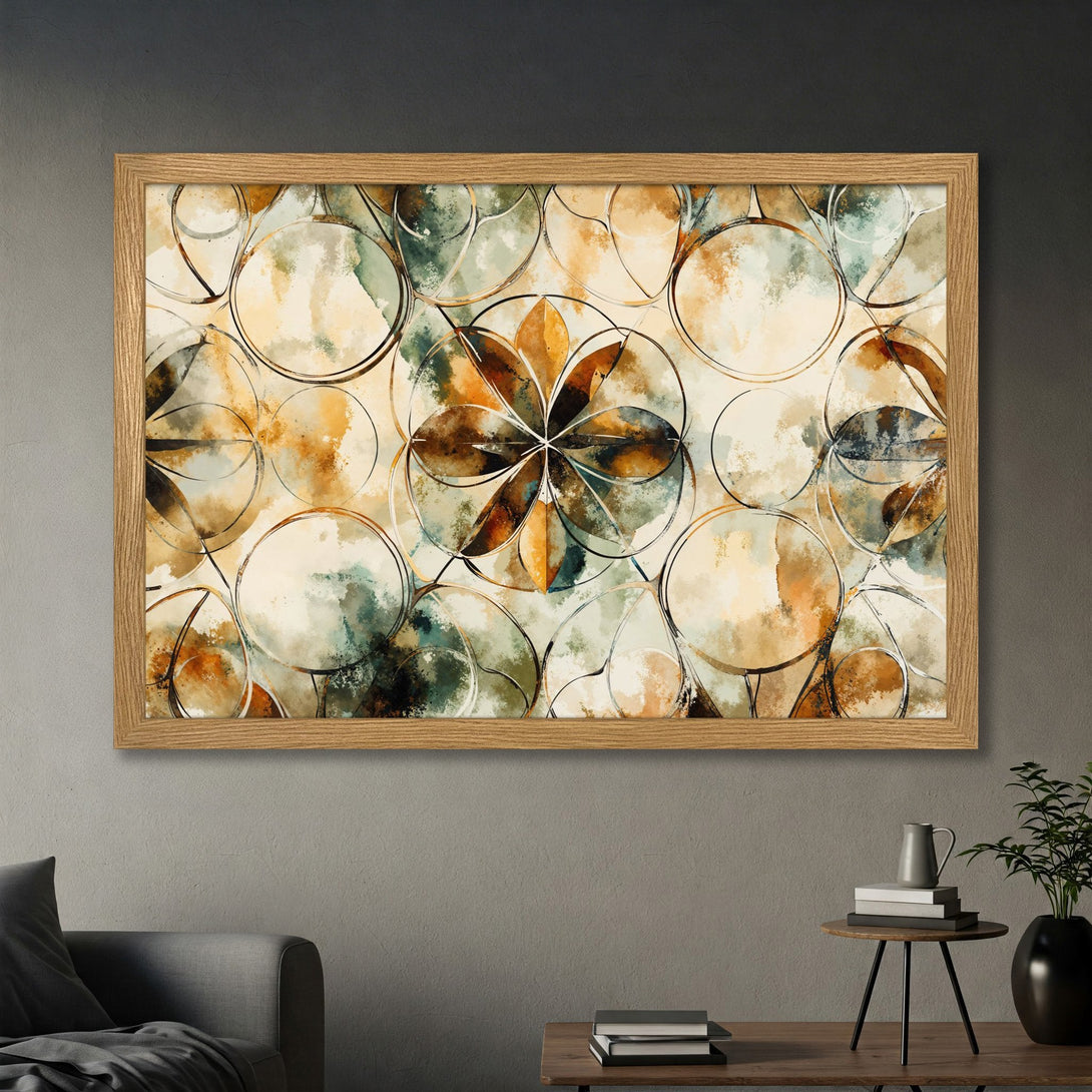 Framed Poster featuring abstract floral art in warm earth tones. Modern art print for home decor. Add a touch of elegance with this beautiful poster.