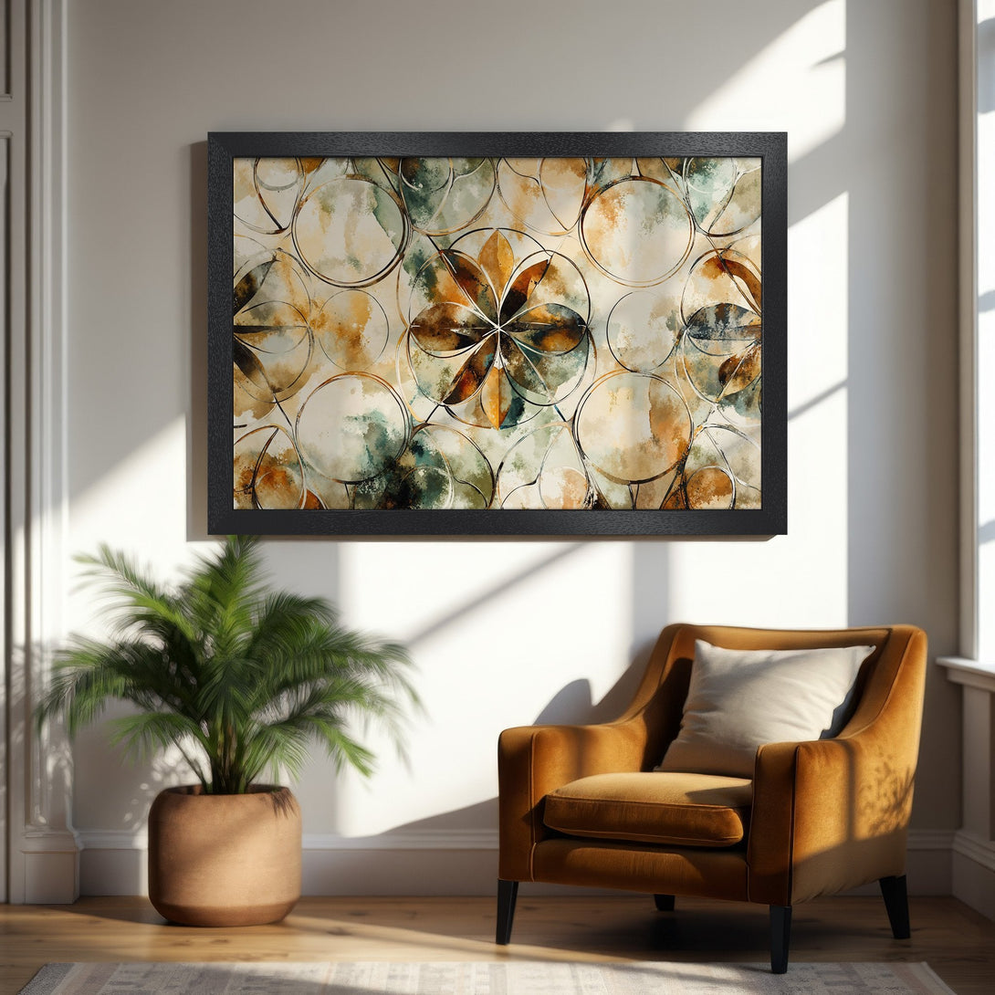 Framed Poster featuring abstract watercolor art in warm earth tones. Perfect for adding a touch of elegance to any space.