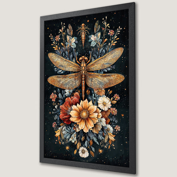 Framed Poster featuring a watercolor dragonfly and floral design in warm gold and deep teal tones. Perfect wall art!