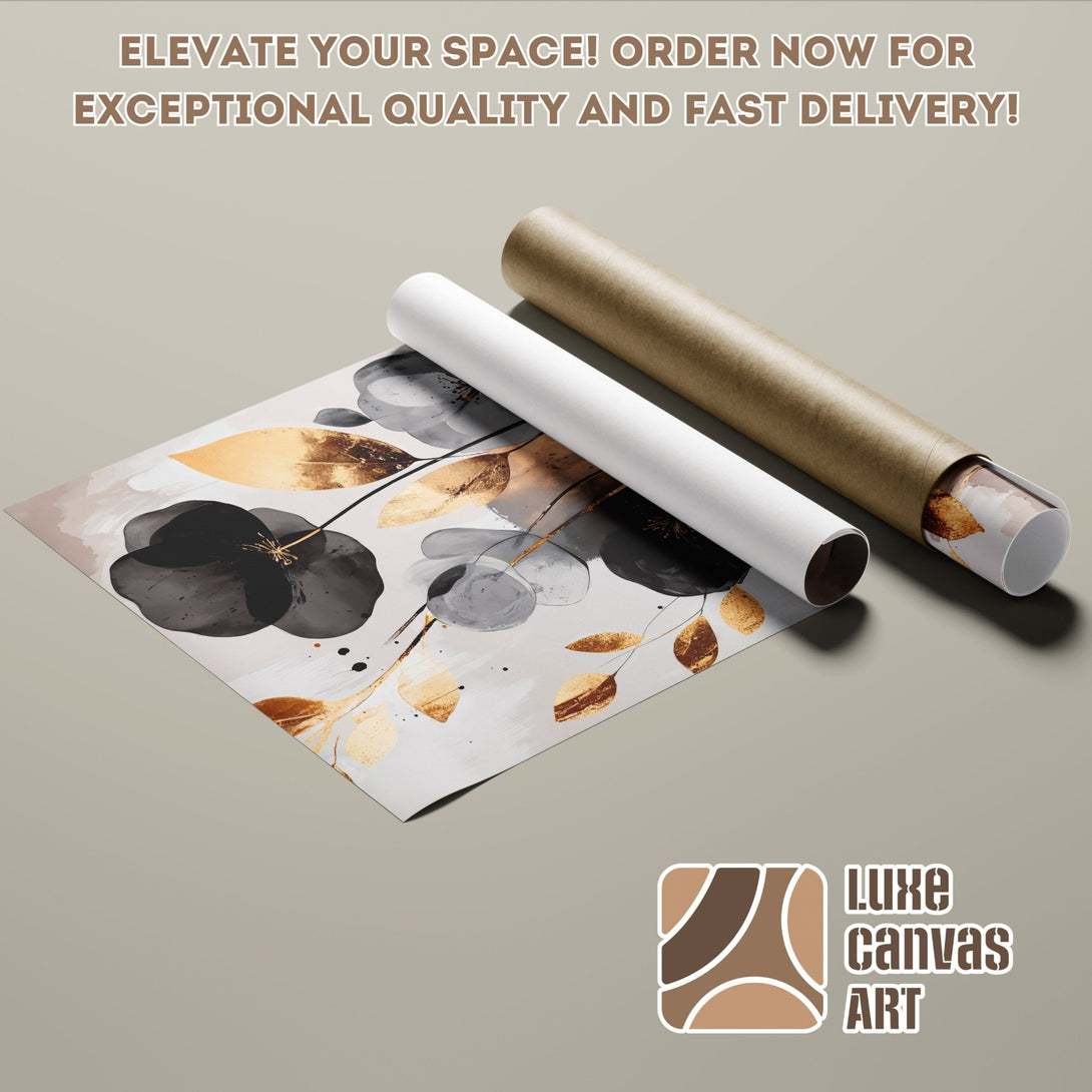 Abstract floral Poster Roll in neutral tones with gold accents. Elevate your space with this stunning art print!