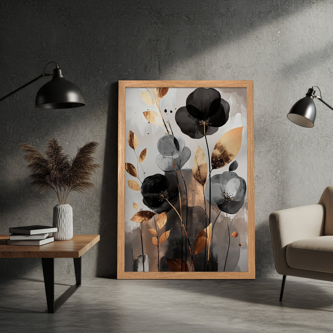 Framed Poster featuring abstract floral art in black, gold, and gray tones. Modern wall decor for your home.