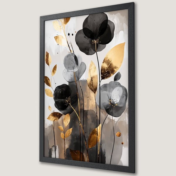 Framed Poster featuring abstract floral art in black, gold, and neutral tones. Modern wall decor for any space.