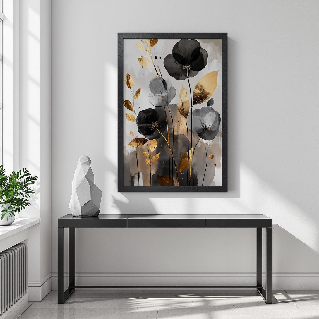 Framed Poster featuring abstract black and gold floral art. Modern style, neutral color palette for elegant home decor.