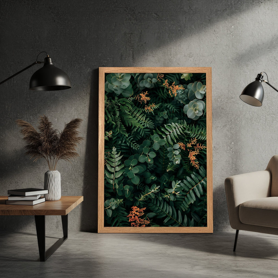 Framed Poster featuring lush green botanical print with natural wood frame. Perfect for modern decor, adding a touch of nature's beauty.