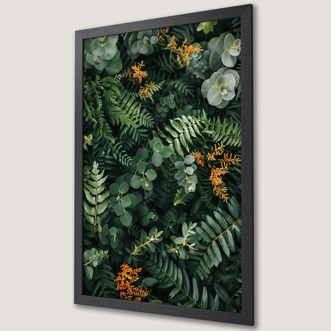 Framed Poster featuring lush green foliage with pops of orange, perfect for adding a touch of nature to your home decor.