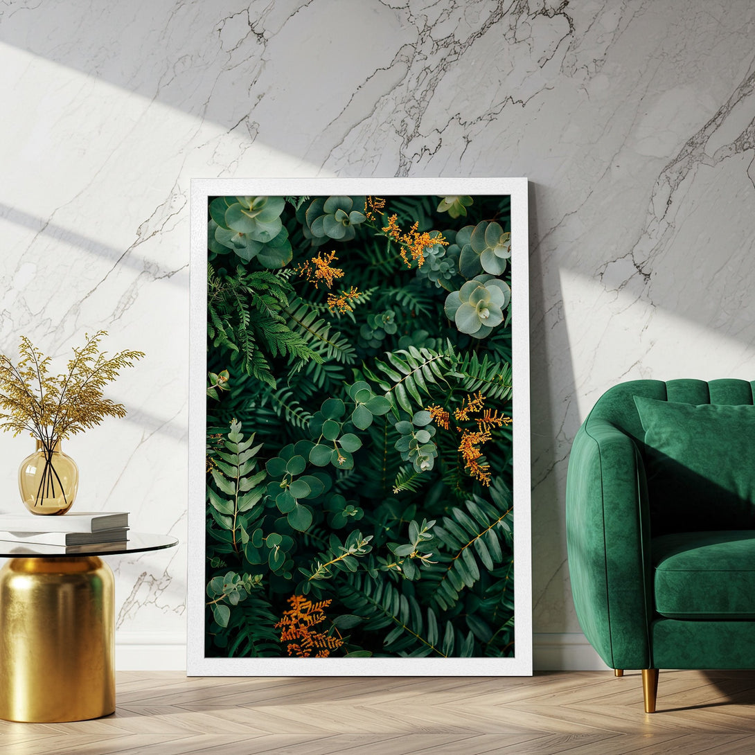 Framed Poster featuring lush green botanical print, perfect for adding a touch of nature to your home decor. Modern style, green and gold palette.