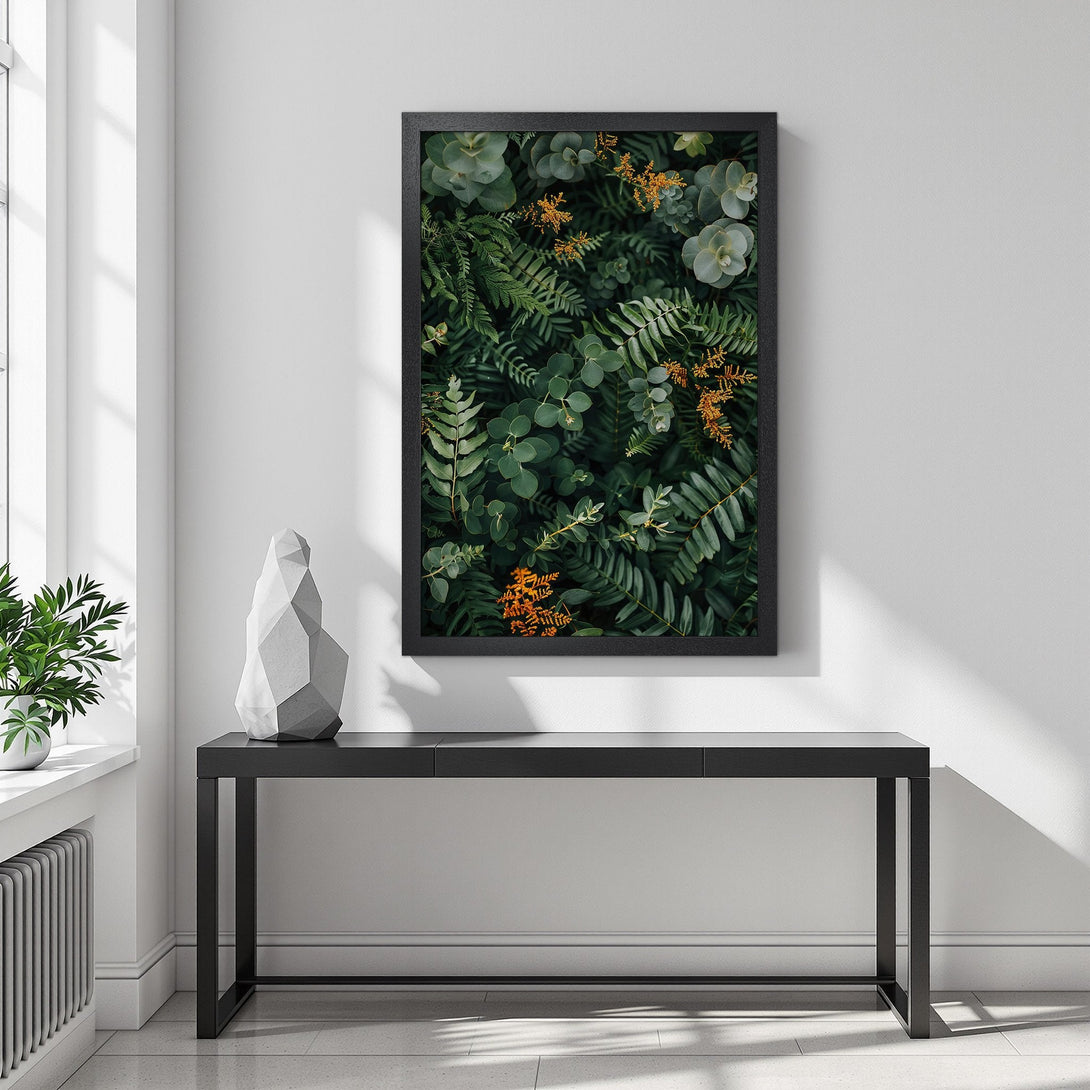 Framed Poster featuring lush green foliage with pops of orange, perfect for adding a touch of nature to your space.