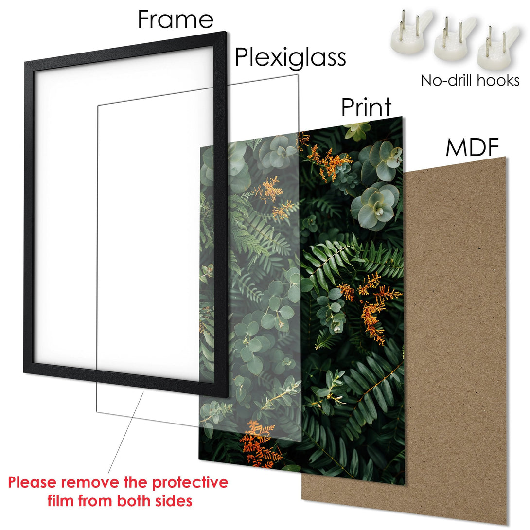 Framed Poster with botanical print. Green and orange leaves in a modern style. Ready to hang art for your home.