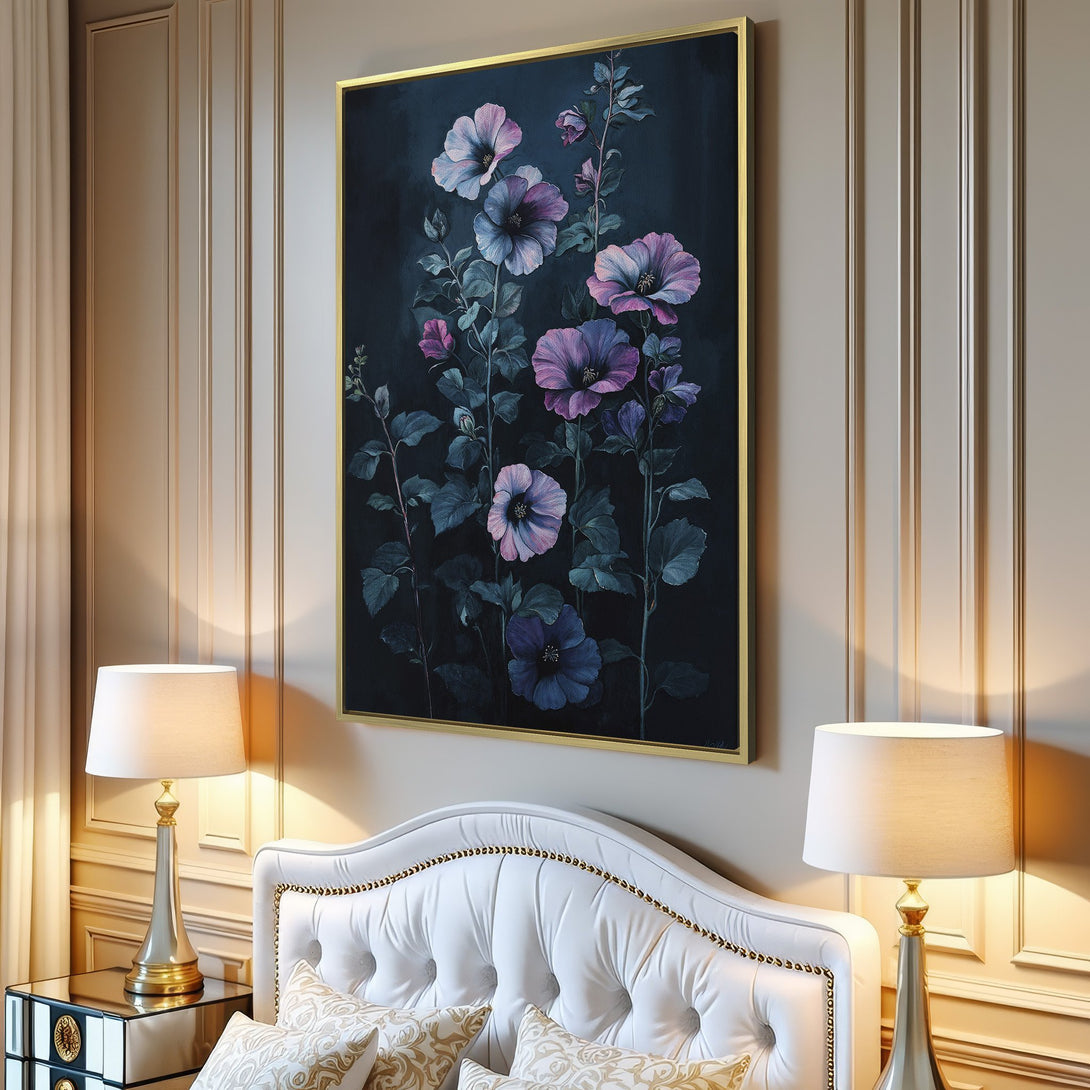 Canvas Print featuring elegant floral art in a dark, moody style with a purple and blue color palette. Perfect for adding a touch of sophistication.