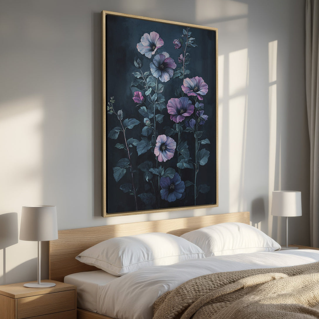 Framed Wall Art featuring a floral painting in moody blues and purples. Enhance your bedroom decor with this elegant canvas print.