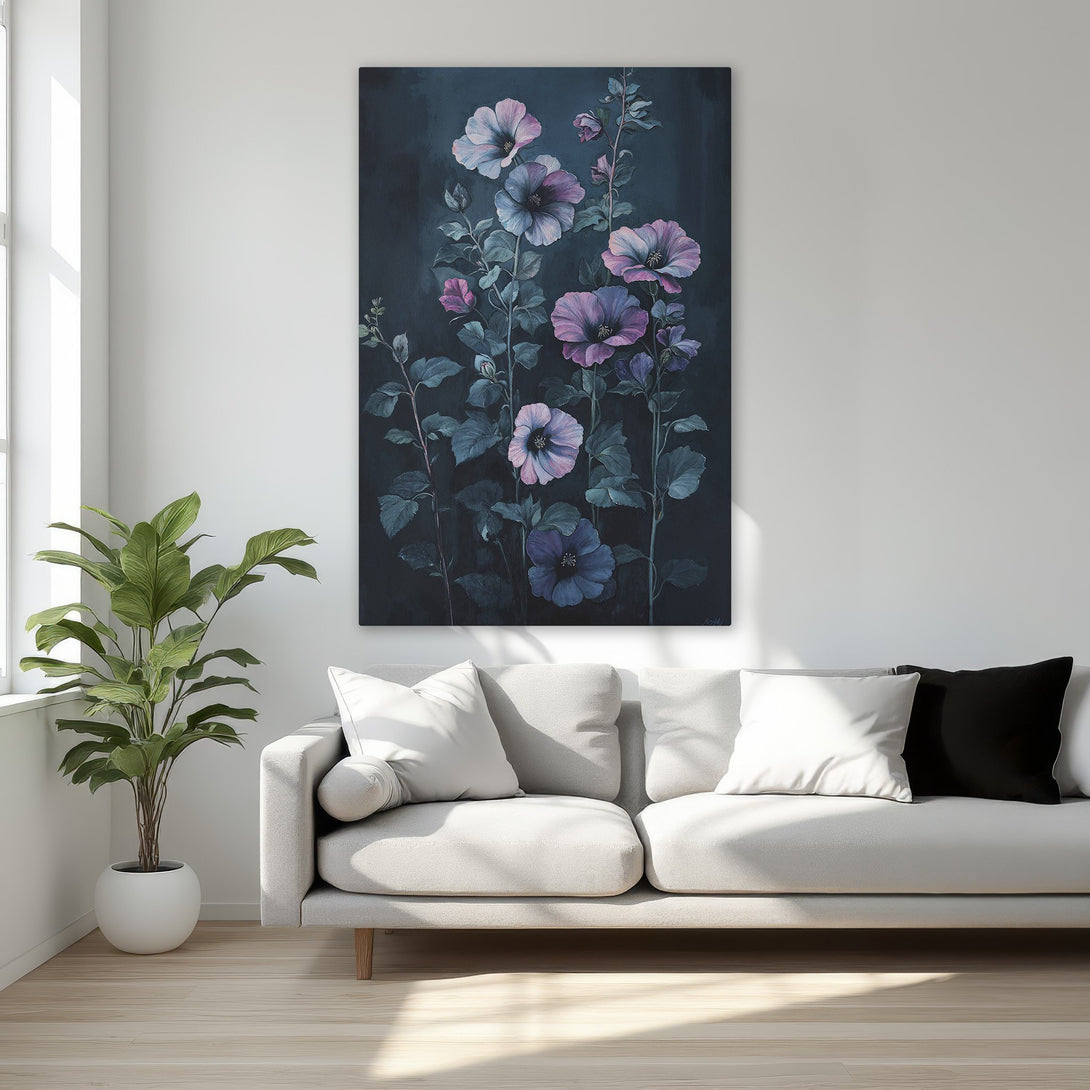 Framed Wall Art featuring elegant purple floral painting. Dark, moody color palette. Perfect for bedroom decor. Add a touch of luxury to your space!